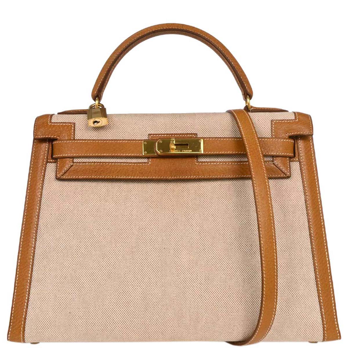 Hermes Beige Gold Toile H Pigskin Kelly 32 Sellier Handbag