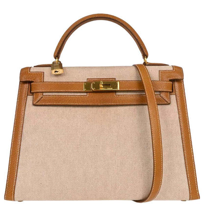 Hermes Beige Gold Toile H Pigskin Kelly 32 Sellier Handbag
