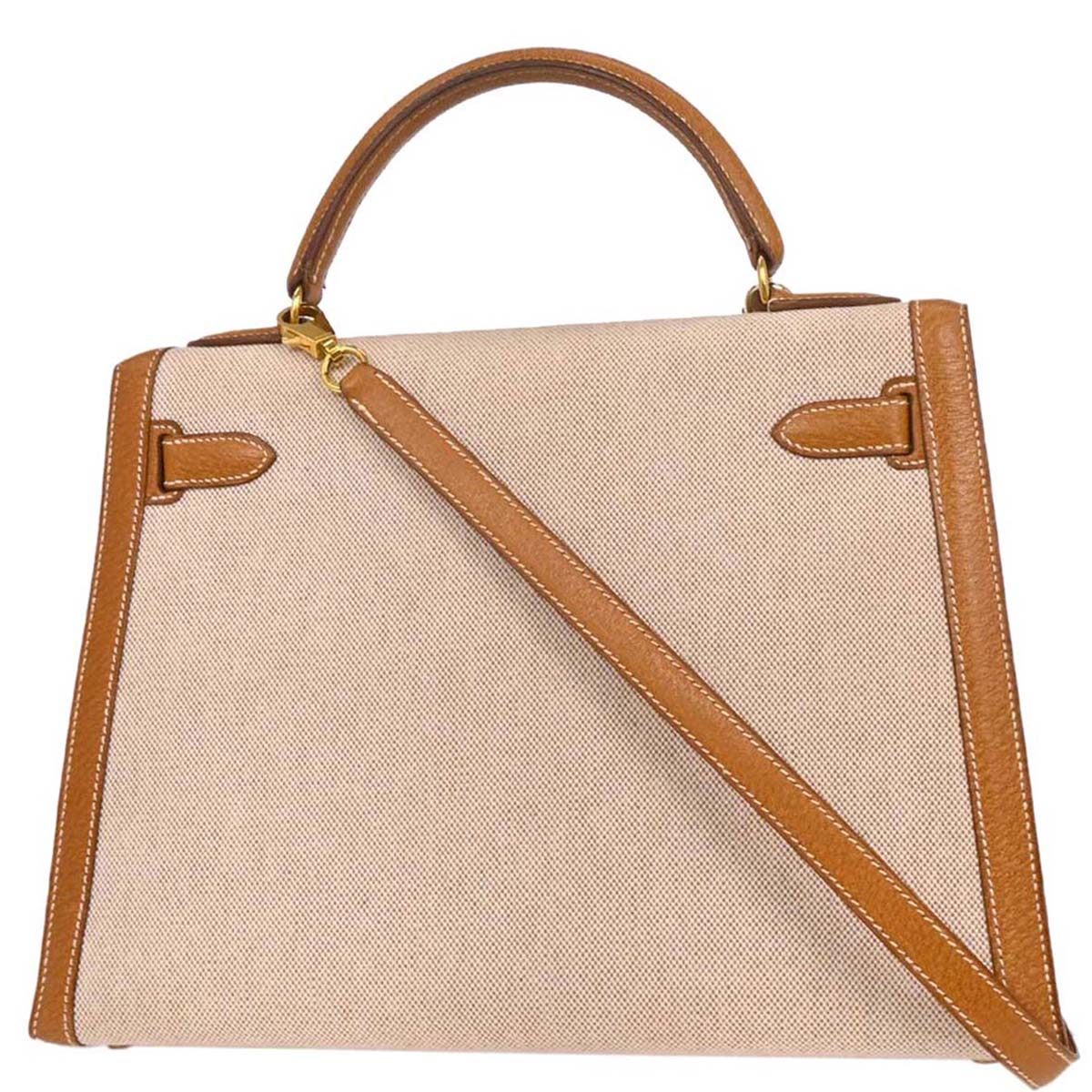 Hermes Beige Gold Toile H Pigskin Kelly 32 Sellier Handbag
