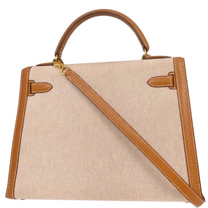 Hermes Beige Gold Toile H Pigskin Kelly 32 Sellier Handbag