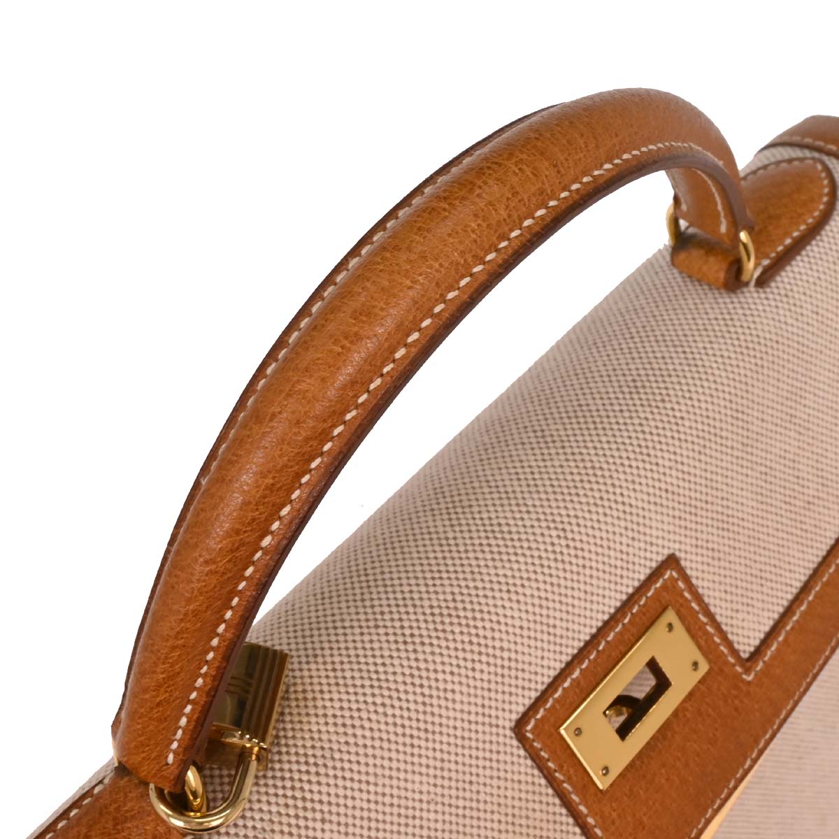 Hermes Beige Gold Toile H Pigskin Kelly 32 Sellier Handbag