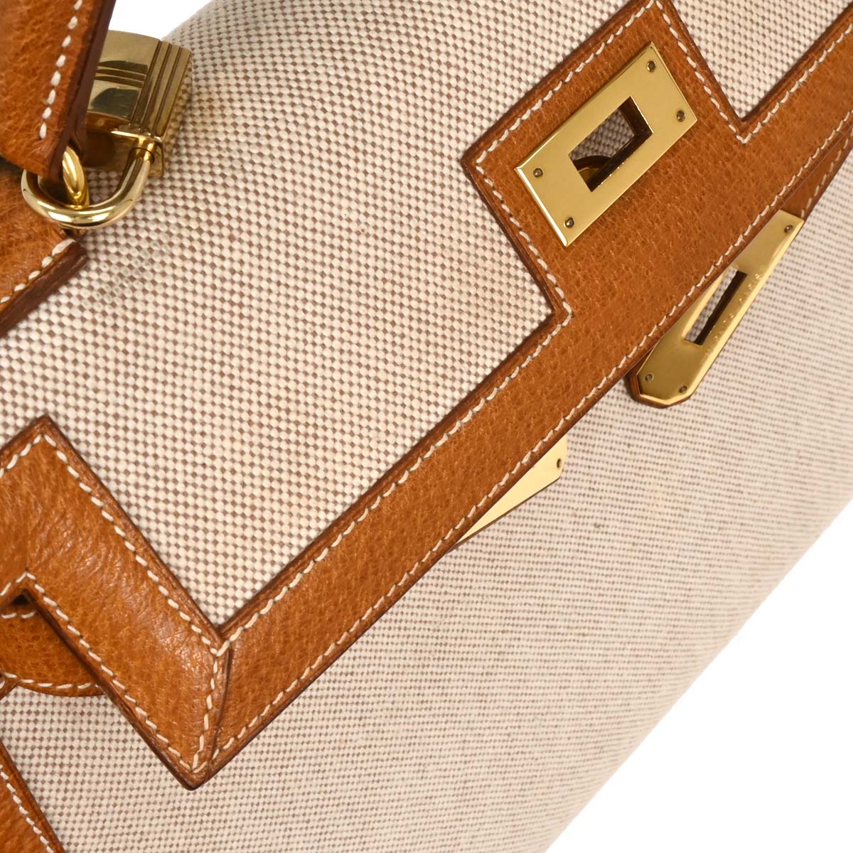 Hermes Beige Gold Toile H Pigskin Kelly 32 Sellier Handbag