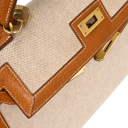 Hermes Beige Gold Toile H Pigskin Kelly 32 Sellier Handbag