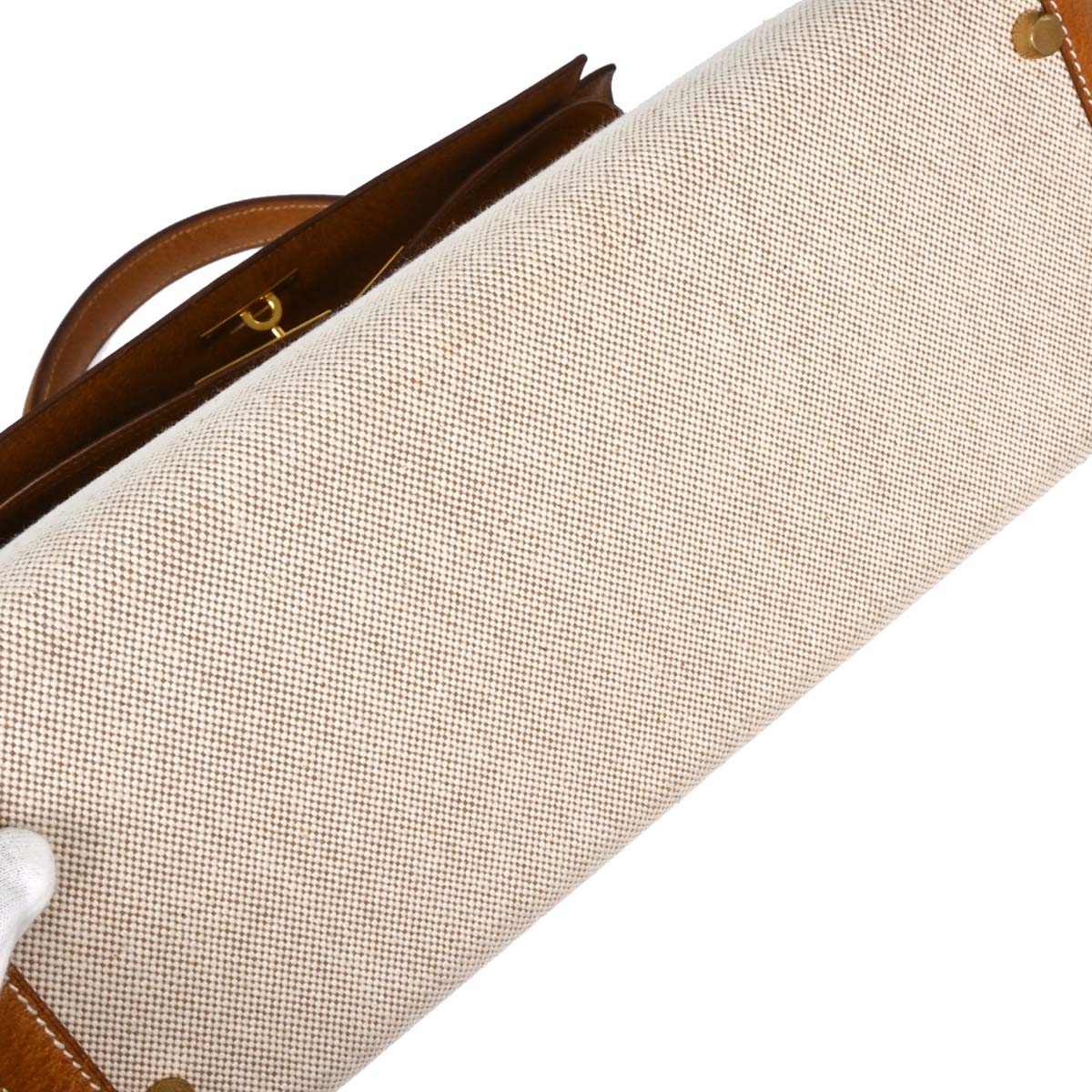 Hermes Beige Gold Toile H Pigskin Kelly 32 Sellier Handbag