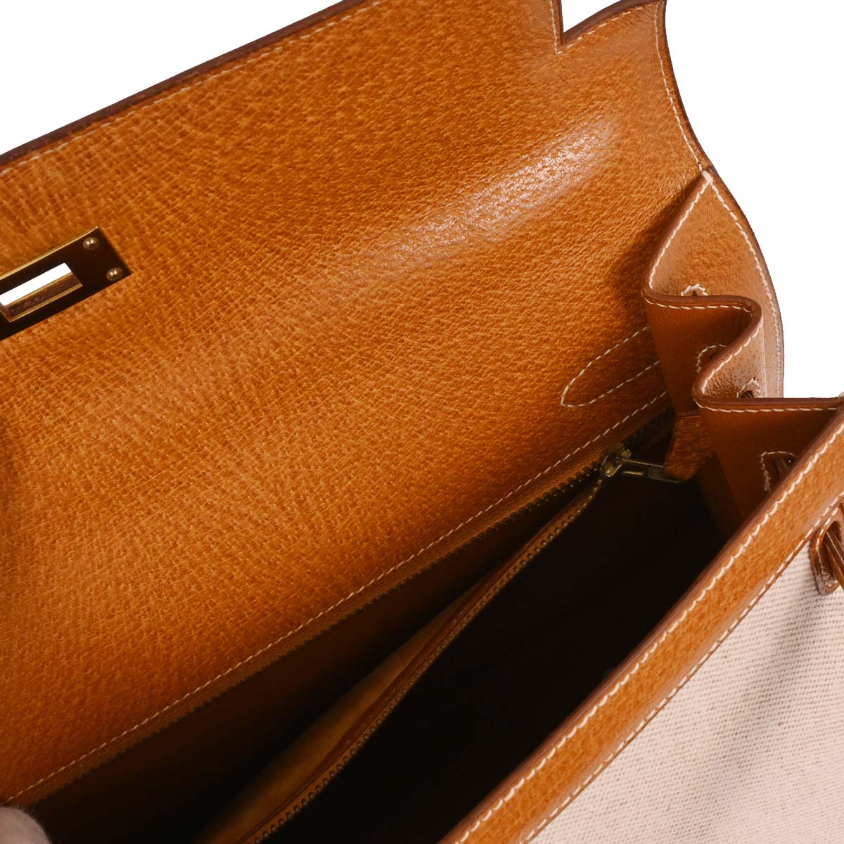 Hermes Beige Gold Toile H Pigskin Kelly 32 Sellier Handbag