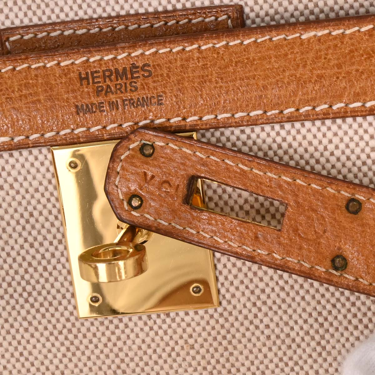 Hermes Beige Gold Toile H Pigskin Kelly 32 Sellier Handbag