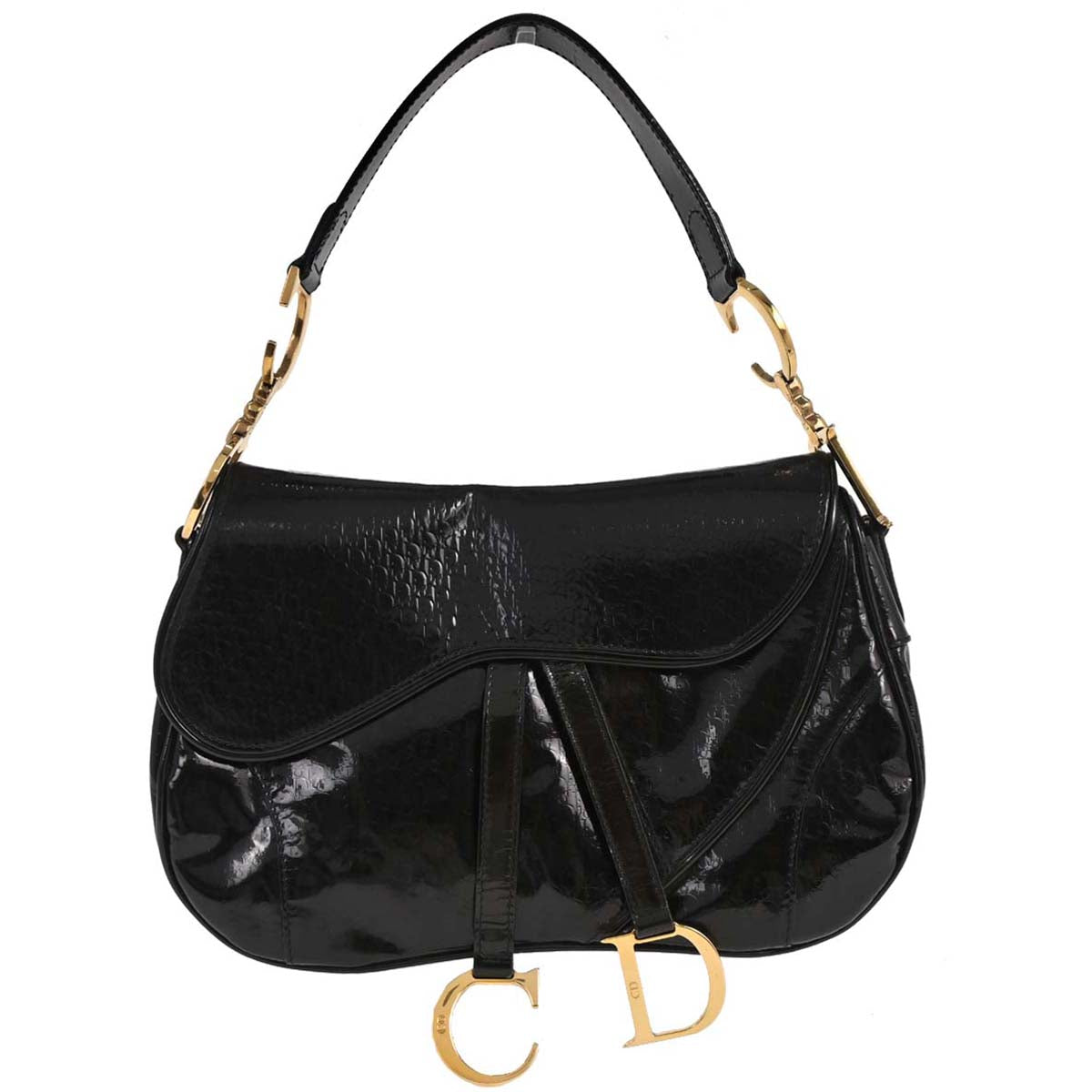 Christian Dior Black Patent Leather Double Saddle Handbag