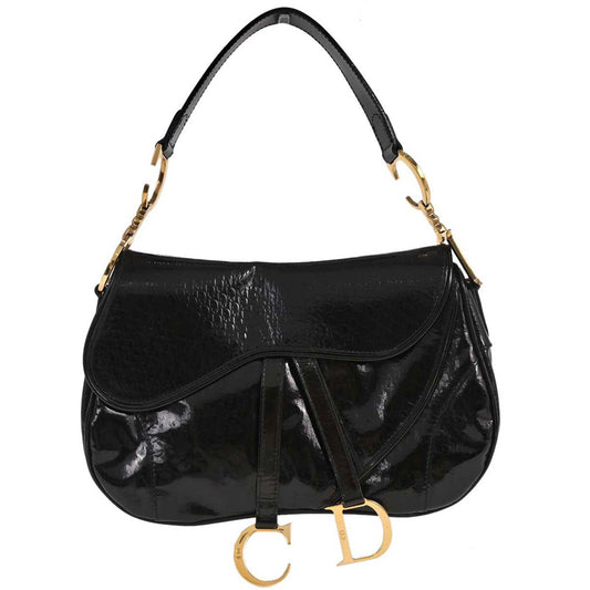 Christian Dior Black Patent Leather Double Saddle Handbag