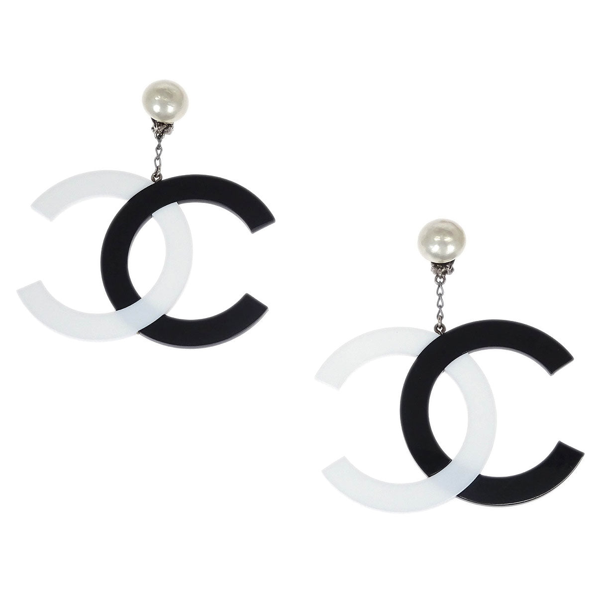 Chanel Dangle CC Earrings Clip-On Silver Costume Pearl 96P