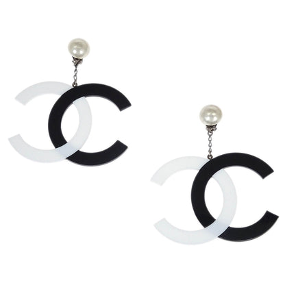 Chanel Dangle CC Earrings Clip-On Silver Costume Pearl 96P
