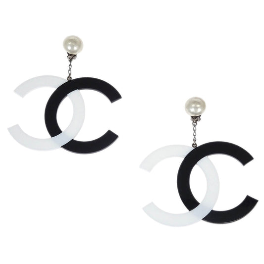 Chanel Dangle CC Earrings Clip-On Silver Costume Pearl 96P