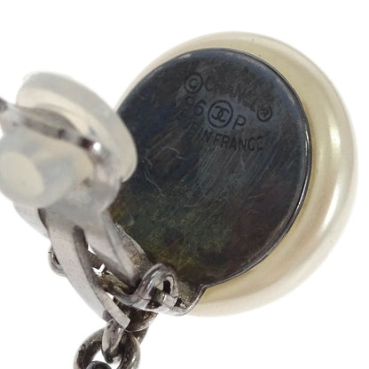 Chanel Dangle CC Earrings Clip-On Silver Costume Pearl 96P