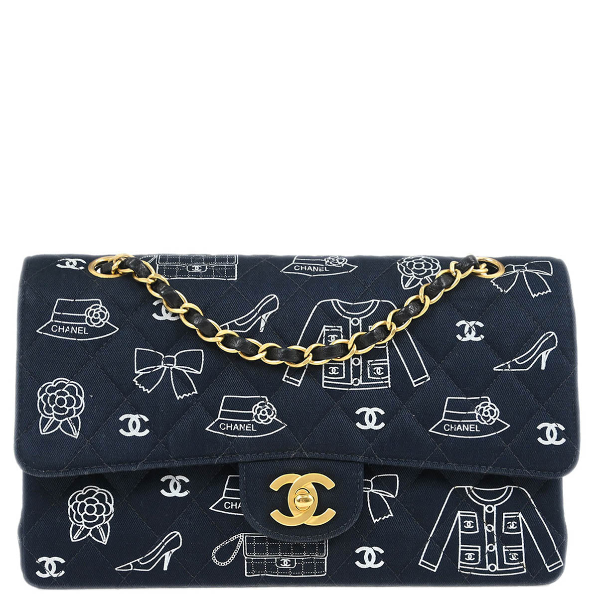 Chanel Navy Canvas Icon Medium Classic Double Flap Shoulder Bag