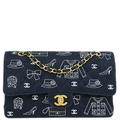 Chanel Navy Canvas Icon Medium Classic Double Flap Shoulder Bag