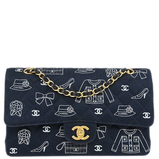 Chanel Navy Canvas Icon Medium Classic Double Flap Shoulder Bag