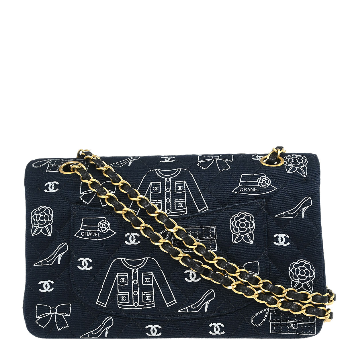 Chanel Navy Canvas Icon Medium Classic Double Flap Shoulder Bag