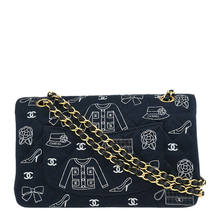 Chanel Navy Canvas Icon Medium Classic Double Flap Shoulder Bag