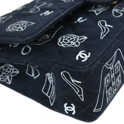 Chanel Navy Canvas Icon Medium Classic Double Flap Shoulder Bag