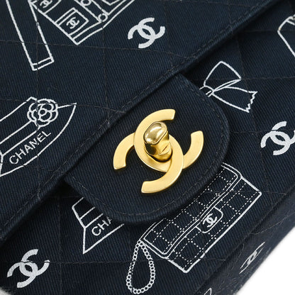 Chanel Navy Canvas Icon Medium Classic Double Flap Shoulder Bag