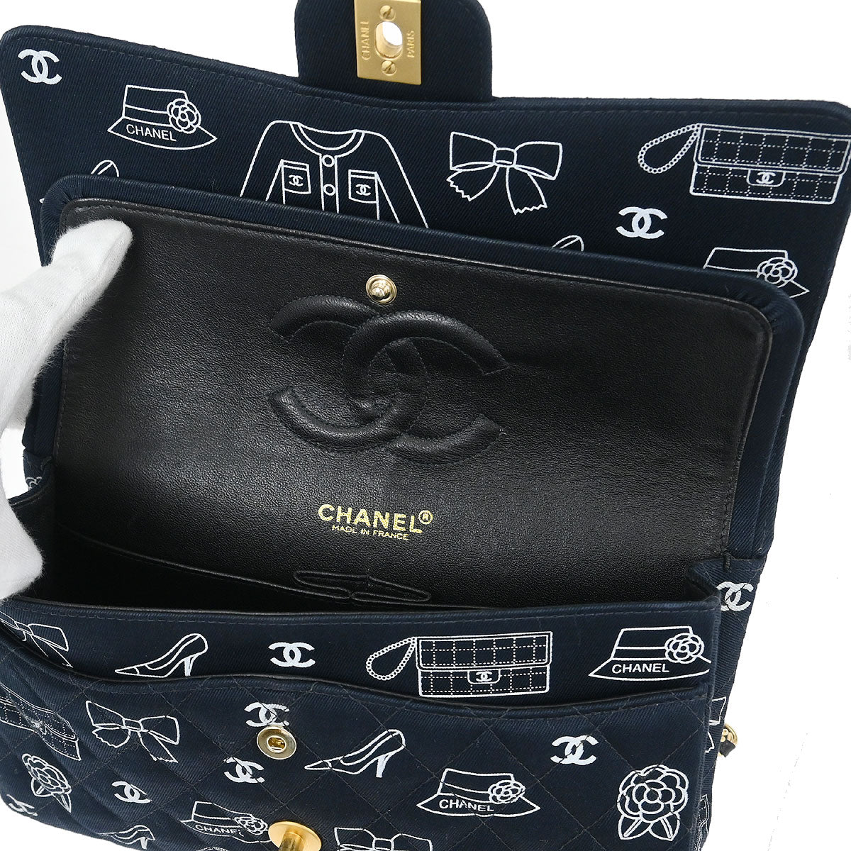 Chanel Navy Canvas Icon Medium Classic Double Flap Shoulder Bag