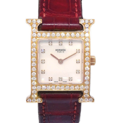 Hermes * H Watch HH1.271 Quartz Gold Bordeaux Crocodile Diamond