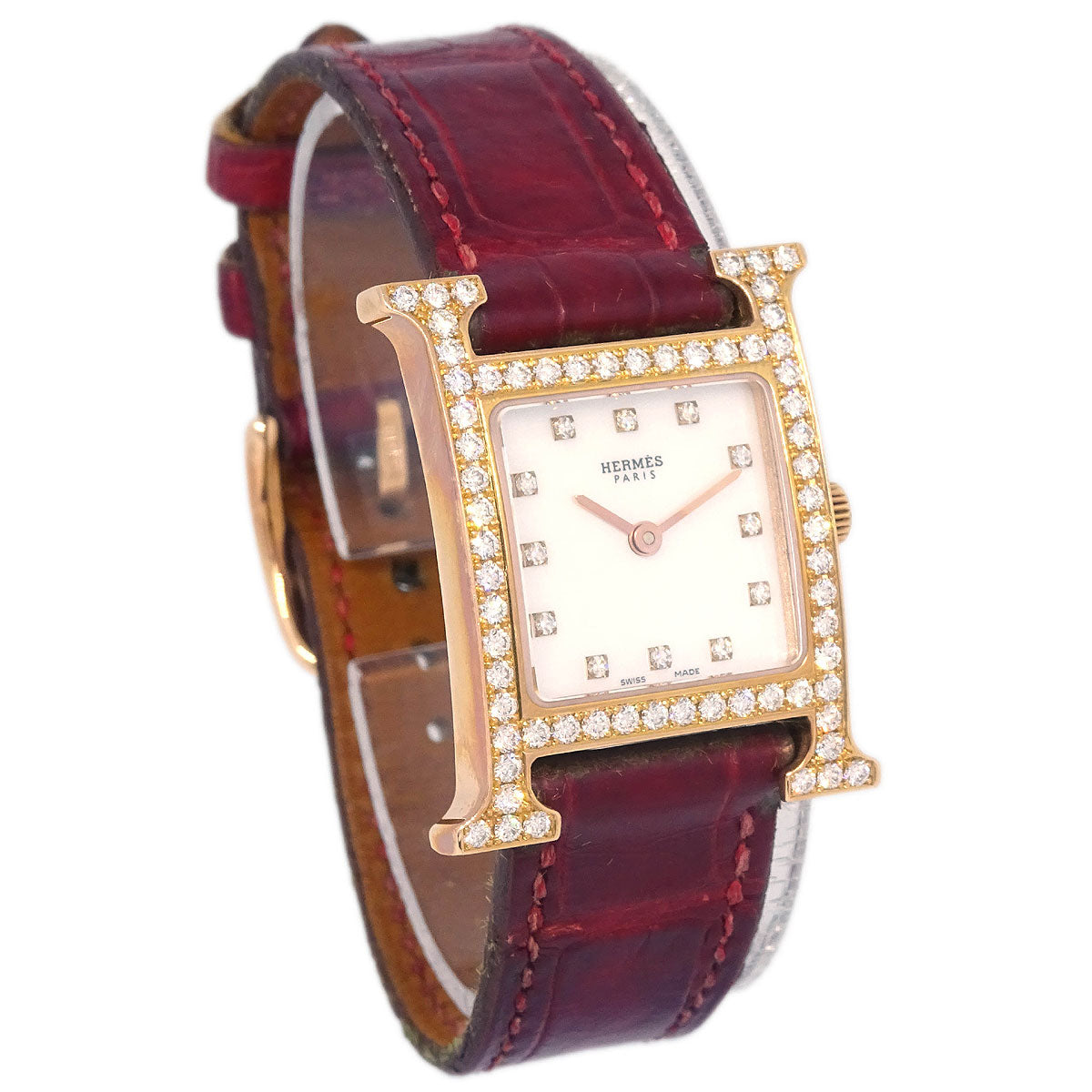 Hermes * H Watch HH1.271 Quartz Gold Bordeaux Crocodile Diamond