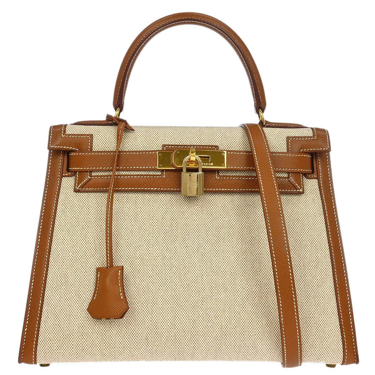 Hermes 1992 Beige Gold Toile H Courchevel Kelly 28 Sellier 2way Shoulder Handbag