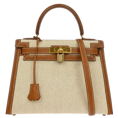 Hermes 1992 Beige Gold Toile H Courchevel Kelly 28 Sellier 2way Shoulder Handbag
