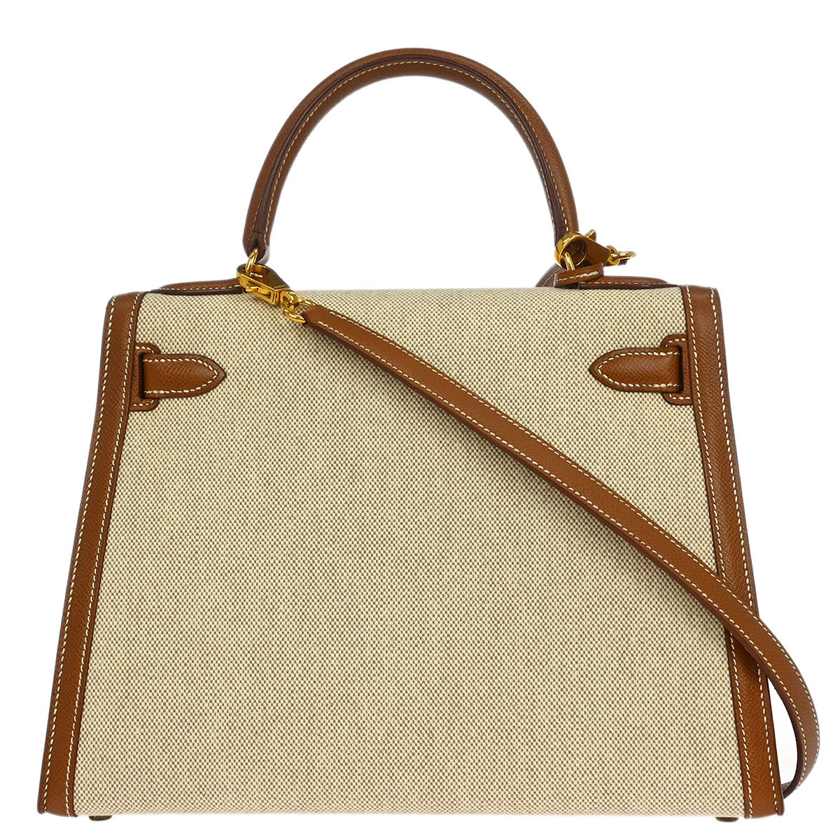 Hermes 1992 Beige Gold Toile H Courchevel Kelly 28 Sellier 2way Shoulder Handbag