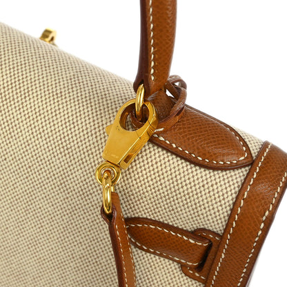 Hermes 1992 Beige Gold Toile H Courchevel Kelly 28 Sellier 2way Shoulder Handbag