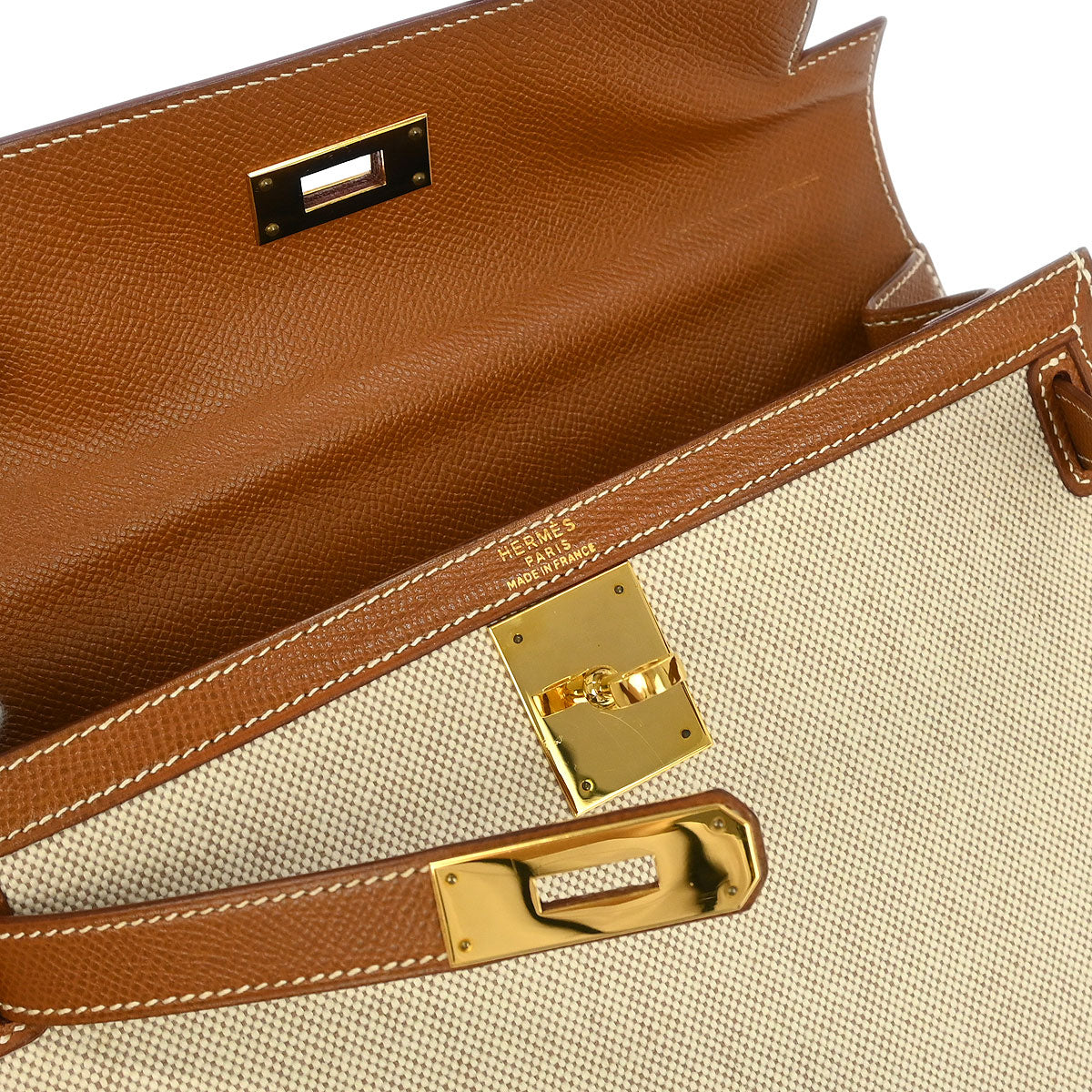 Hermes 1992 Beige Gold Toile H Courchevel Kelly 28 Sellier 2way Shoulder Handbag