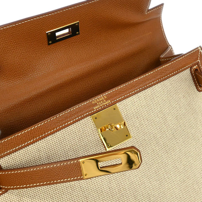 Hermes 1992 Beige Gold Toile H Courchevel Kelly 28 Sellier 2way Shoulder Handbag
