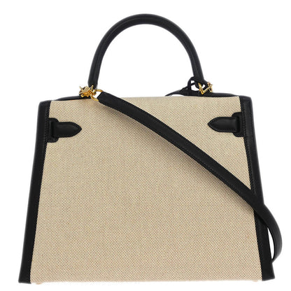 Hermes 2002 Beige Black Toile H Box Calf Kelly 28 Sellier 2way Shoulder Handbag