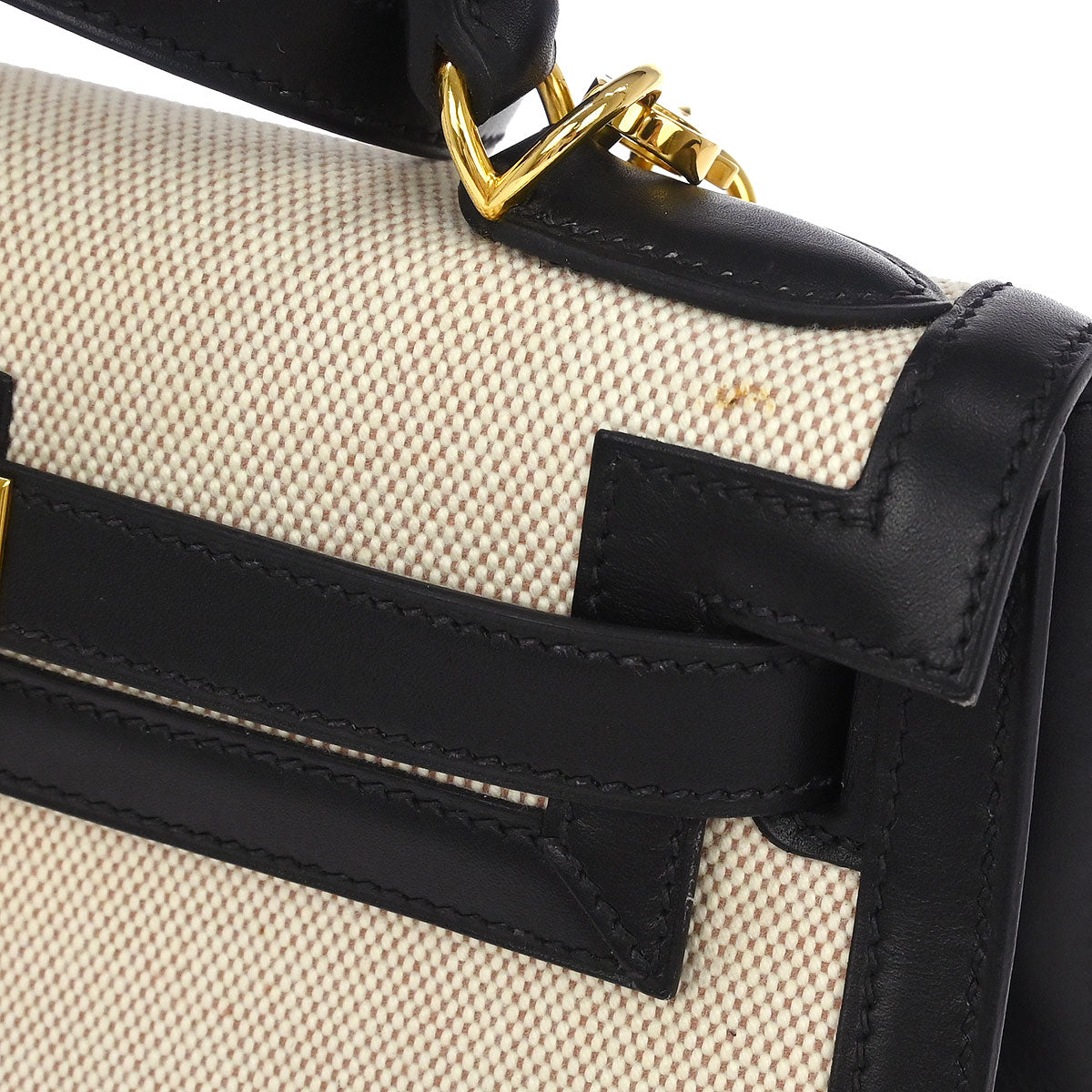 Hermes 2002 Beige Black Toile H Box Calf Kelly 28 Sellier 2way Shoulder Handbag
