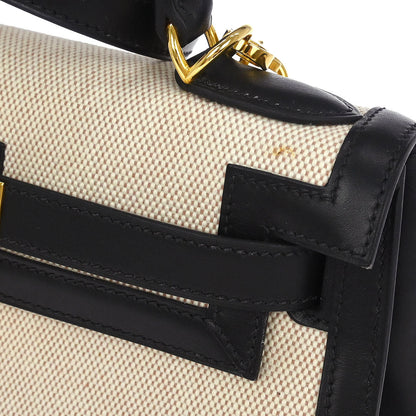 Hermes 2002 Beige Black Toile H Box Calf Kelly 28 Sellier 2way Shoulder Handbag