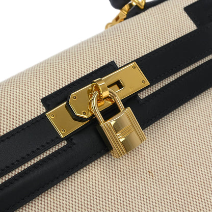 Hermes 2002 Beige Black Toile H Box Calf Kelly 28 Sellier 2way Shoulder Handbag