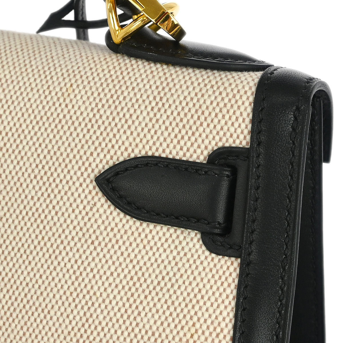 Hermes 2002 Beige Black Toile H Box Calf Kelly 28 Sellier 2way Shoulder Handbag