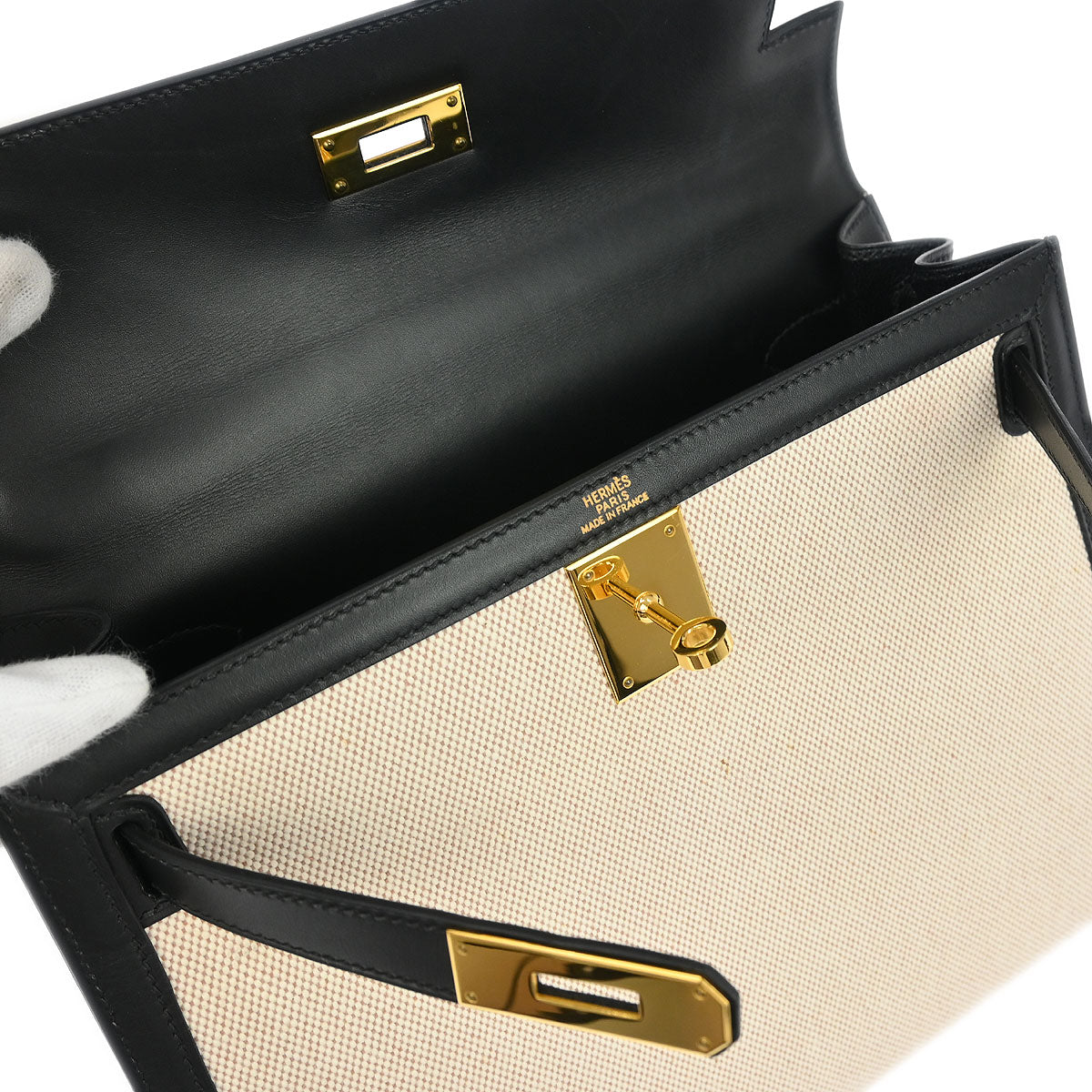 Hermes 2002 Beige Black Toile H Box Calf Kelly 28 Sellier 2way Shoulder Handbag