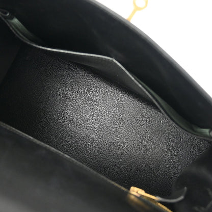 Hermes 2002 Beige Black Toile H Box Calf Kelly 28 Sellier 2way Shoulder Handbag