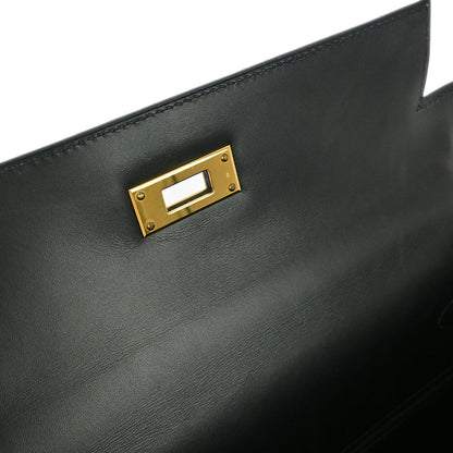 Hermes 2002 Beige Black Toile H Box Calf Kelly 28 Sellier 2way Shoulder Handbag