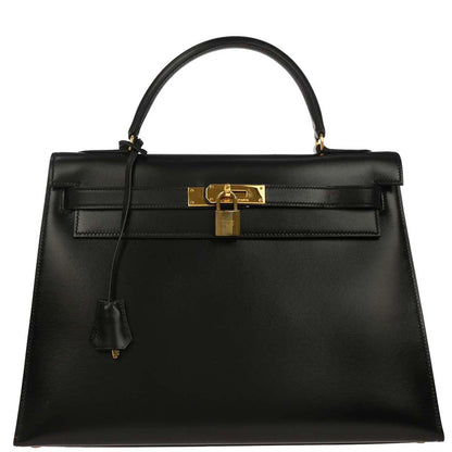 Hermes 1982 Black Box Calf Kelly 32 Sellier Handbag