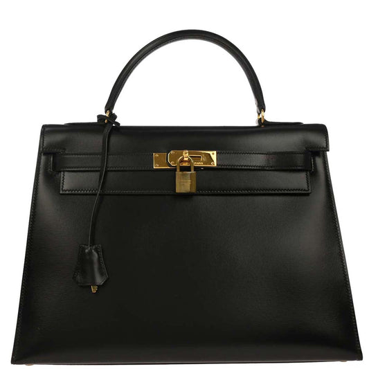 Hermes 1982 Black Box Calf Kelly 32 Sellier Handbag
