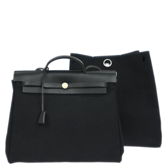 Hermes 1999 Black Toile Officier Herbag MM 2 in 1 2way Shoulder Handbag