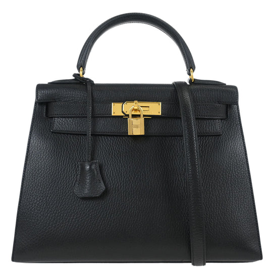Hermes 1999 Black Ardennes Kelly 28 Sellier 2way Shoulder Handbag