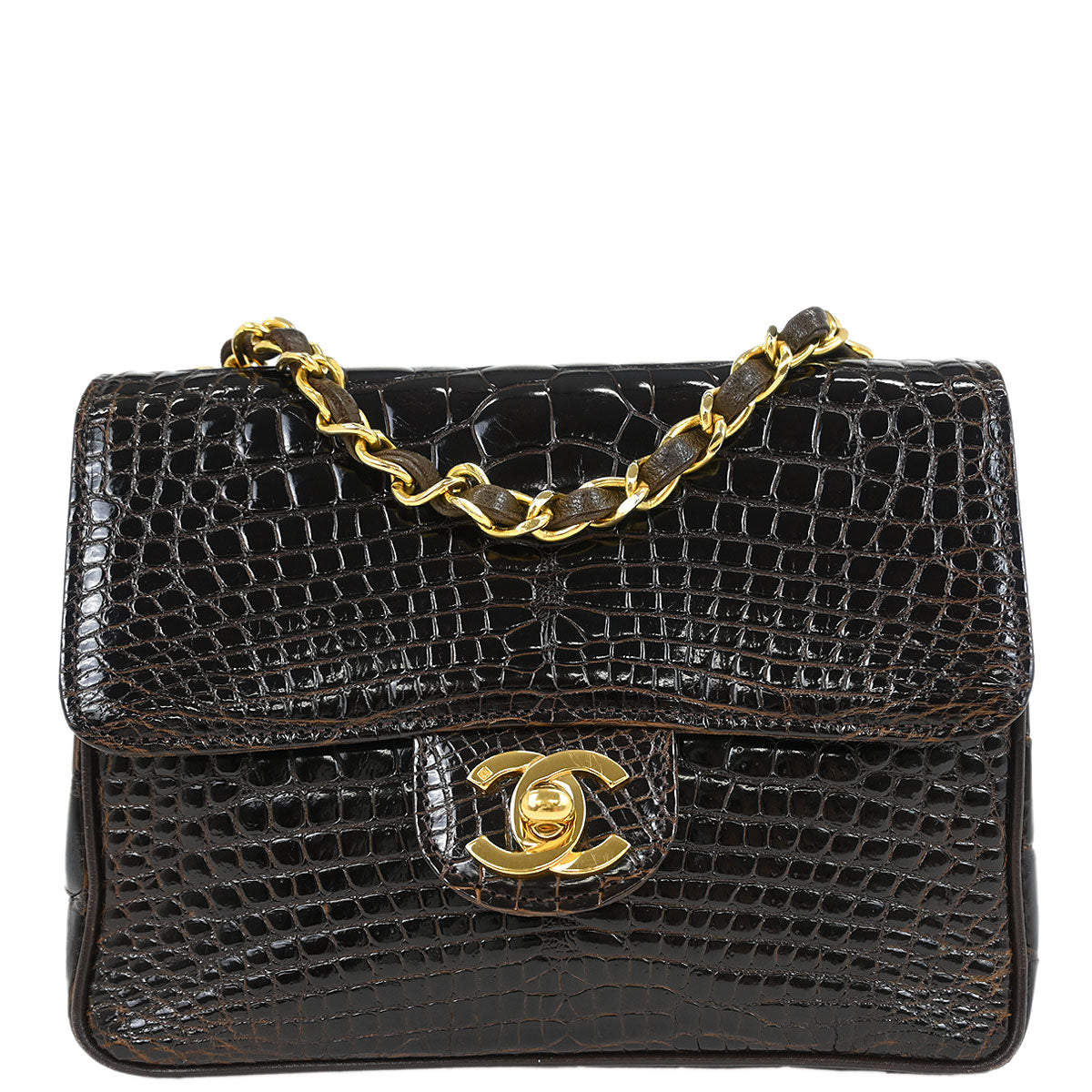 Chanel * 1989-1991 Brown Crocodile Mini Classic Square Flap Shoulder Bag