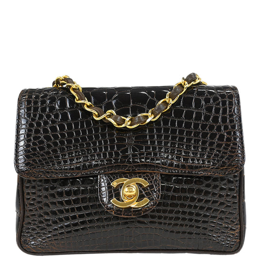 Chanel * 1989-1991 Brown Crocodile Mini Classic Square Flap Shoulder Bag