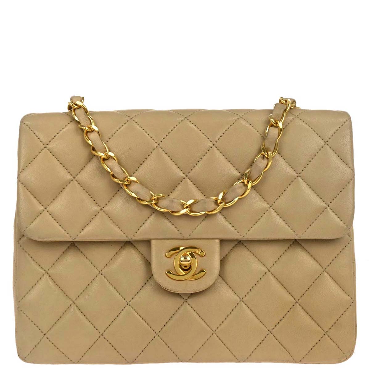 Chanel 1991-1994 Beige Lambskin Classic Square Flap Shoulder Bag