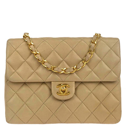 Chanel 1991-1994 Beige Lambskin Classic Square Flap Shoulder Bag