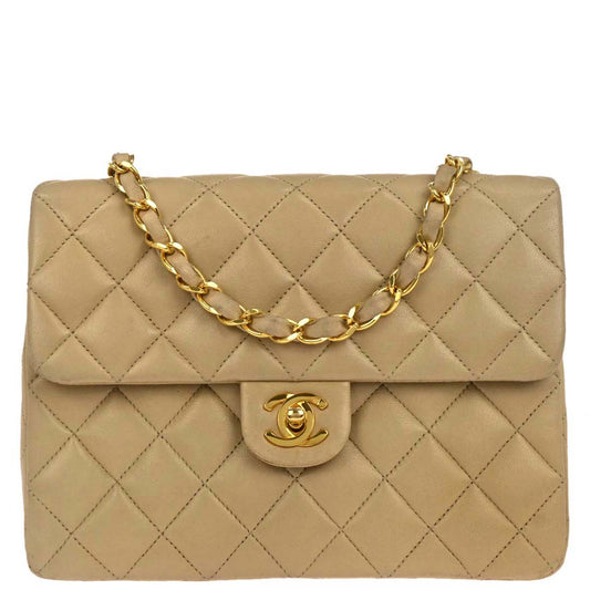 Chanel 1991-1994 Beige Lambskin Classic Square Flap Shoulder Bag