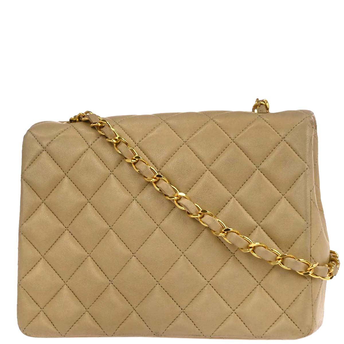 Chanel 1991-1994 Beige Lambskin Classic Square Flap Shoulder Bag